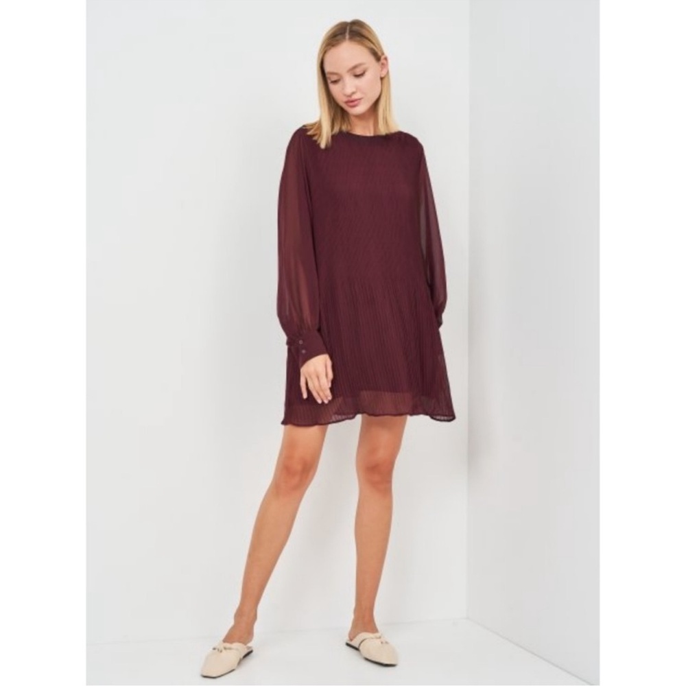 Zara Burgundy Pleated Long Sleeves Flowy Mini Dress Size XXL